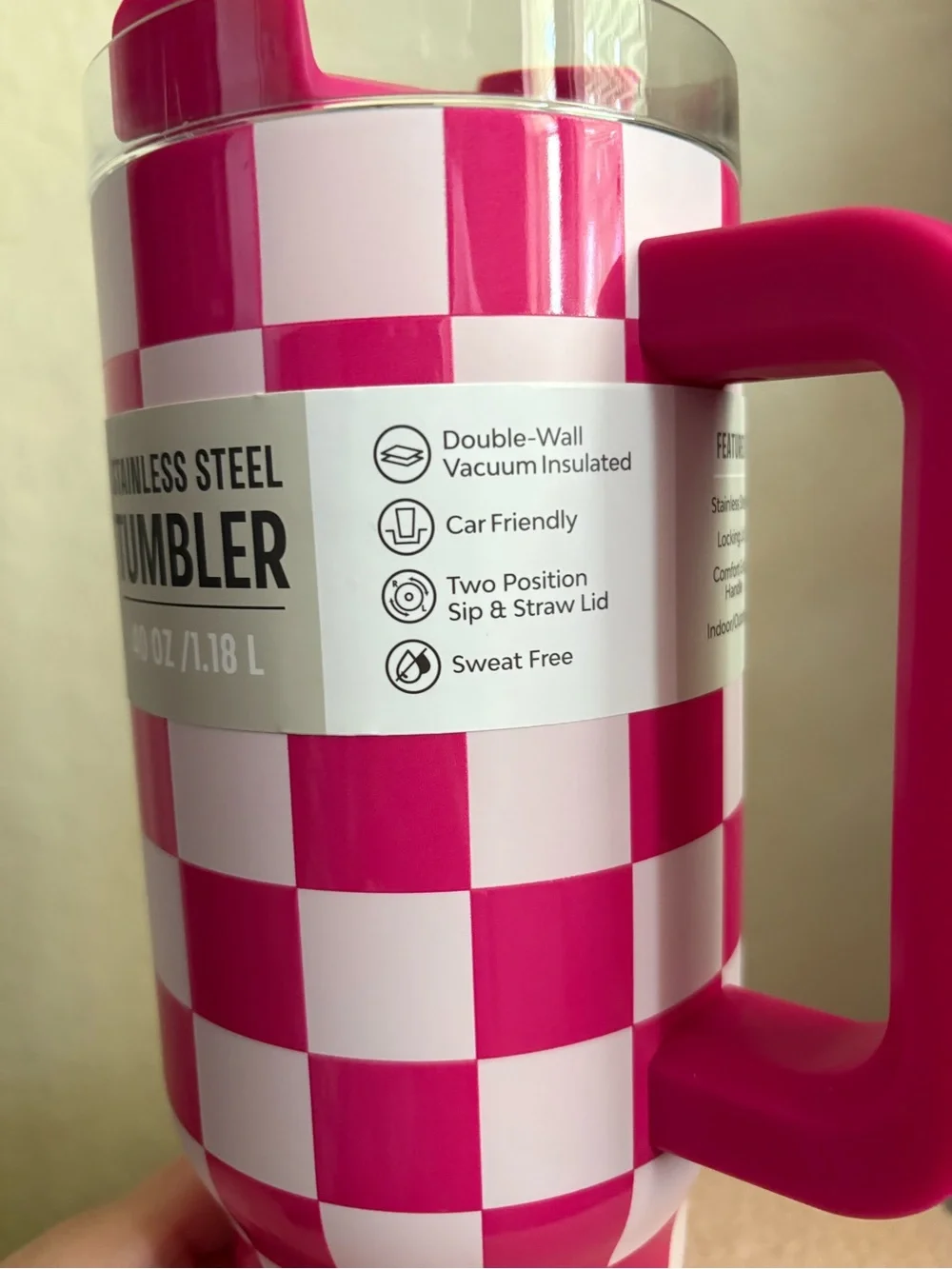 Stainless Steel 40oz Checkered Pink Tumbler with Handle and Straw